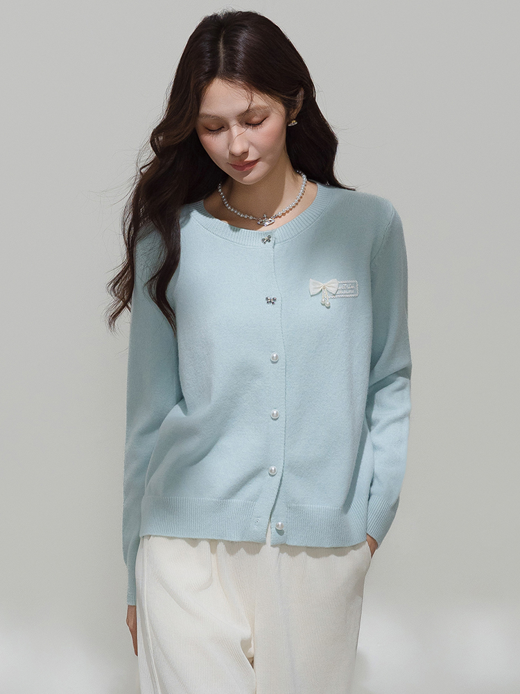 New Early Autumn Knit Cardigan Lightweight Sweet Style Blue Round Neck Top Jacket Fall Outfit Design Sweater