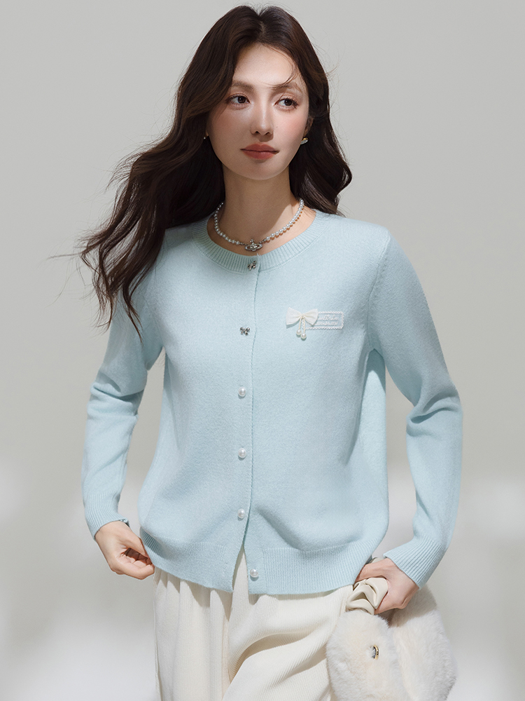 New Early Autumn Knit Cardigan Lightweight Sweet Style Blue Round Neck Top Jacket Fall Outfit Design Sweater - Image 3