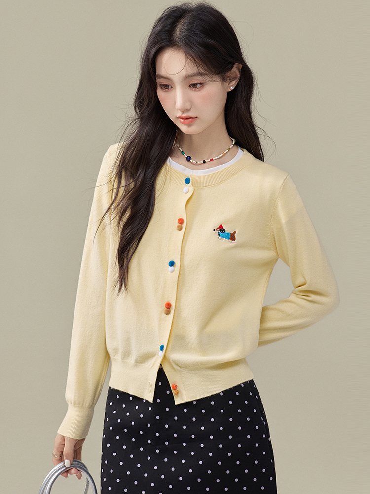 Early Spring Yellow Embroidered Sweater Cardigan Women Loose Lazy Knit Top