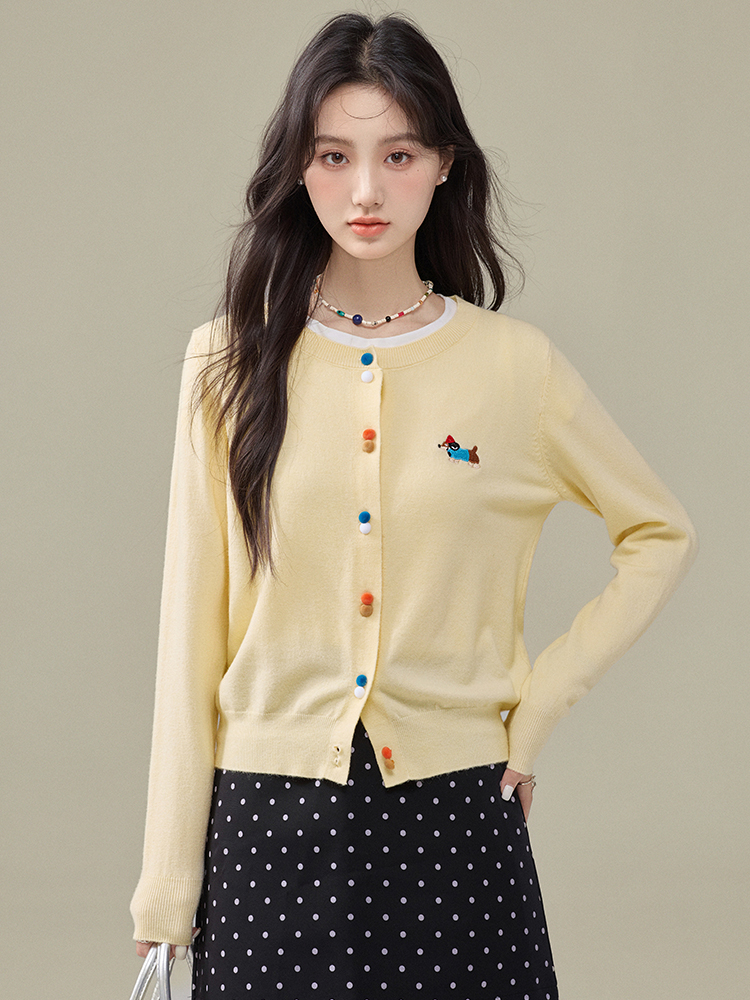 Early Spring Yellow Embroidered Sweater Cardigan Women Loose Lazy Knit Top