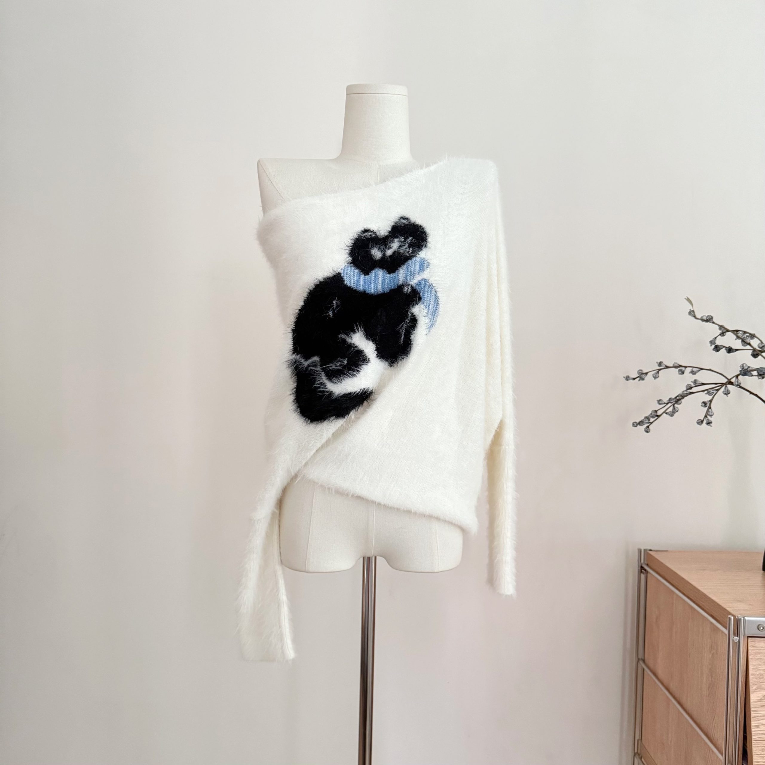 Christmas Cat Off-Shoulder Sweater for Women | Korean Style Faux Mink Asymmetric Knit Top - Image 4