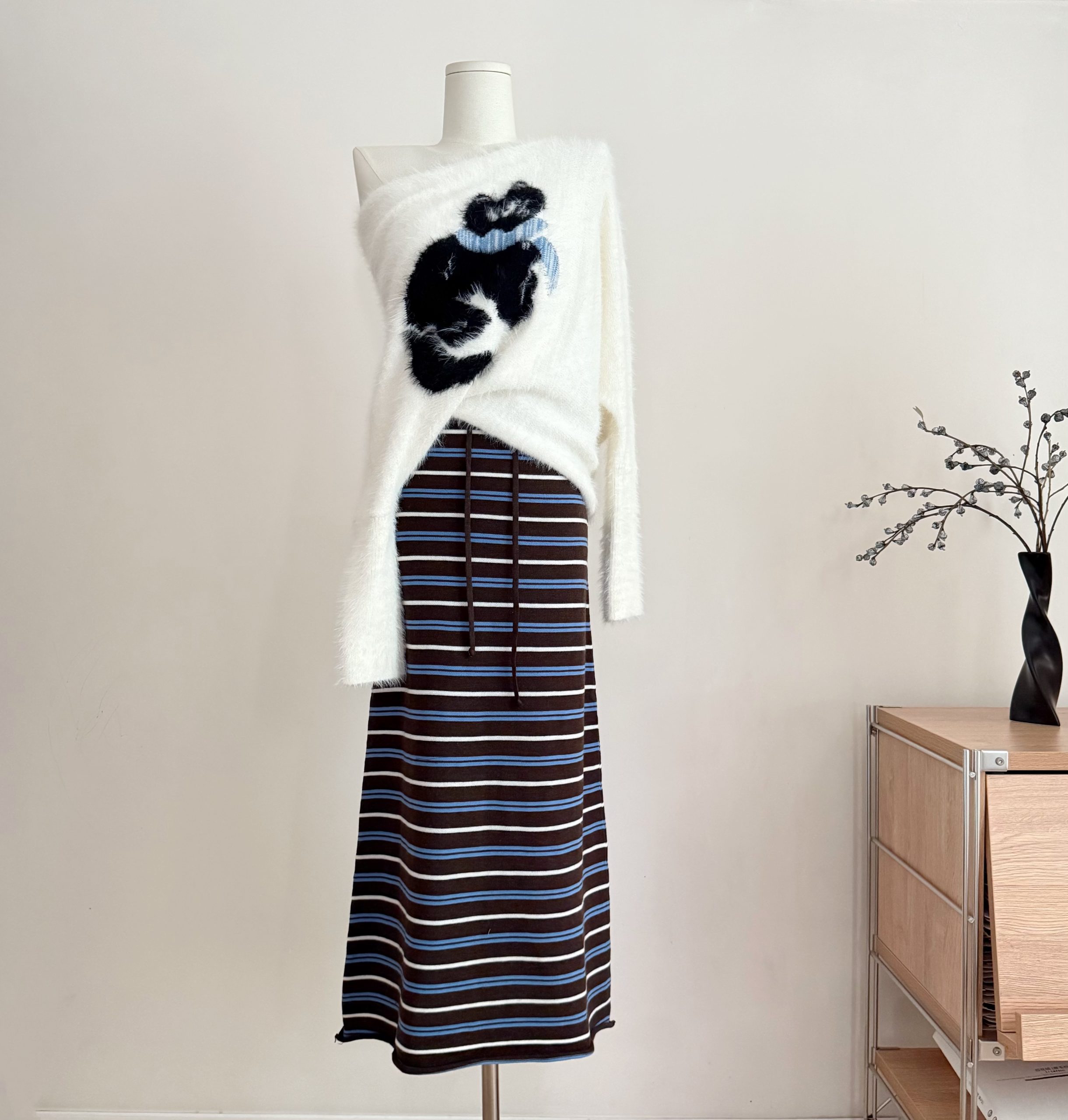 Christmas Cat Off-Shoulder Sweater for Women | Korean Style Faux Mink Asymmetric Knit Top - Image 3