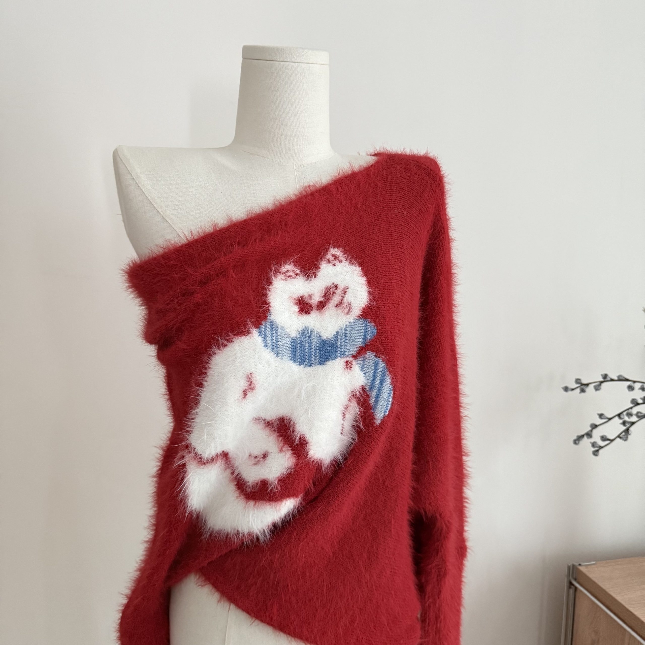 Christmas Cat Off-Shoulder Sweater for Women | Korean Style Faux Mink Asymmetric Knit Top - Image 5