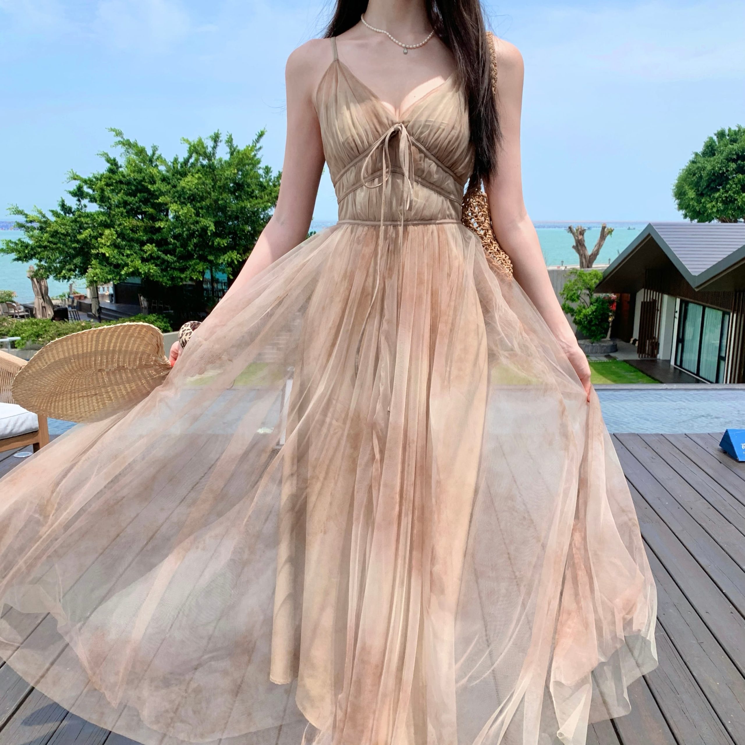 2026 Butterfly Treasure Spring Mountain Ink Wash Double Layer V Neck Cami Dress