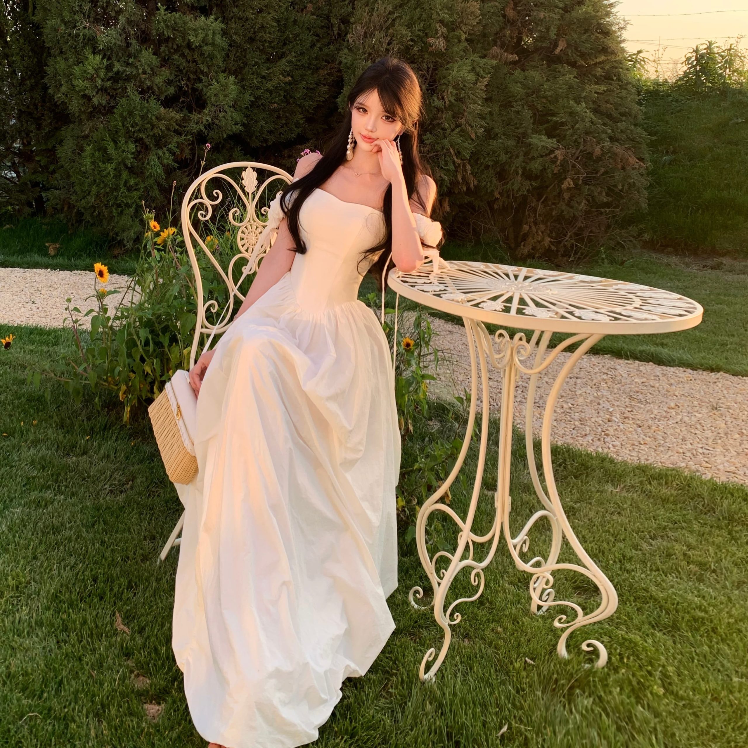 French Off-Shoulder Satin White Morning Robe Engagement Dress - Image 5