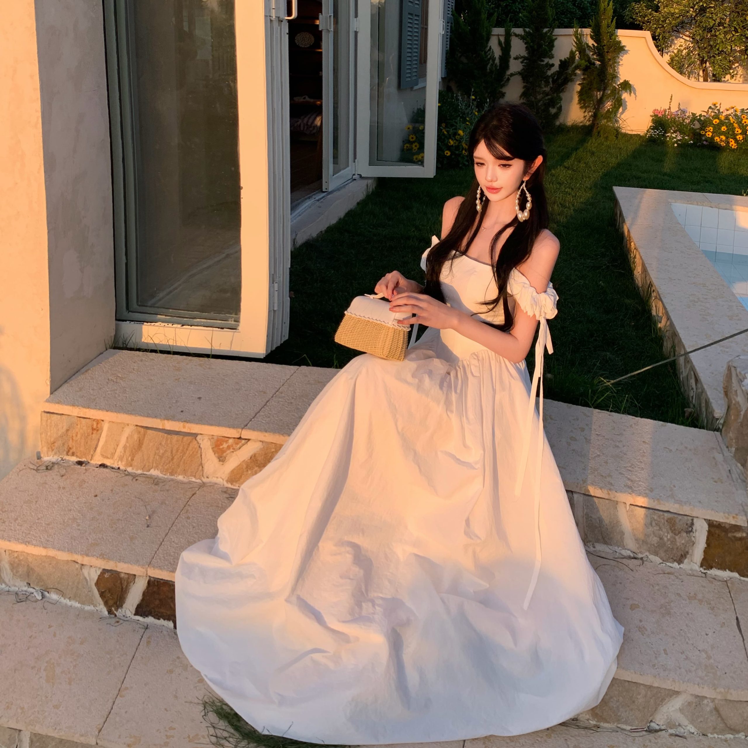 French Off-Shoulder Satin White Morning Robe Engagement Dress - Image 2