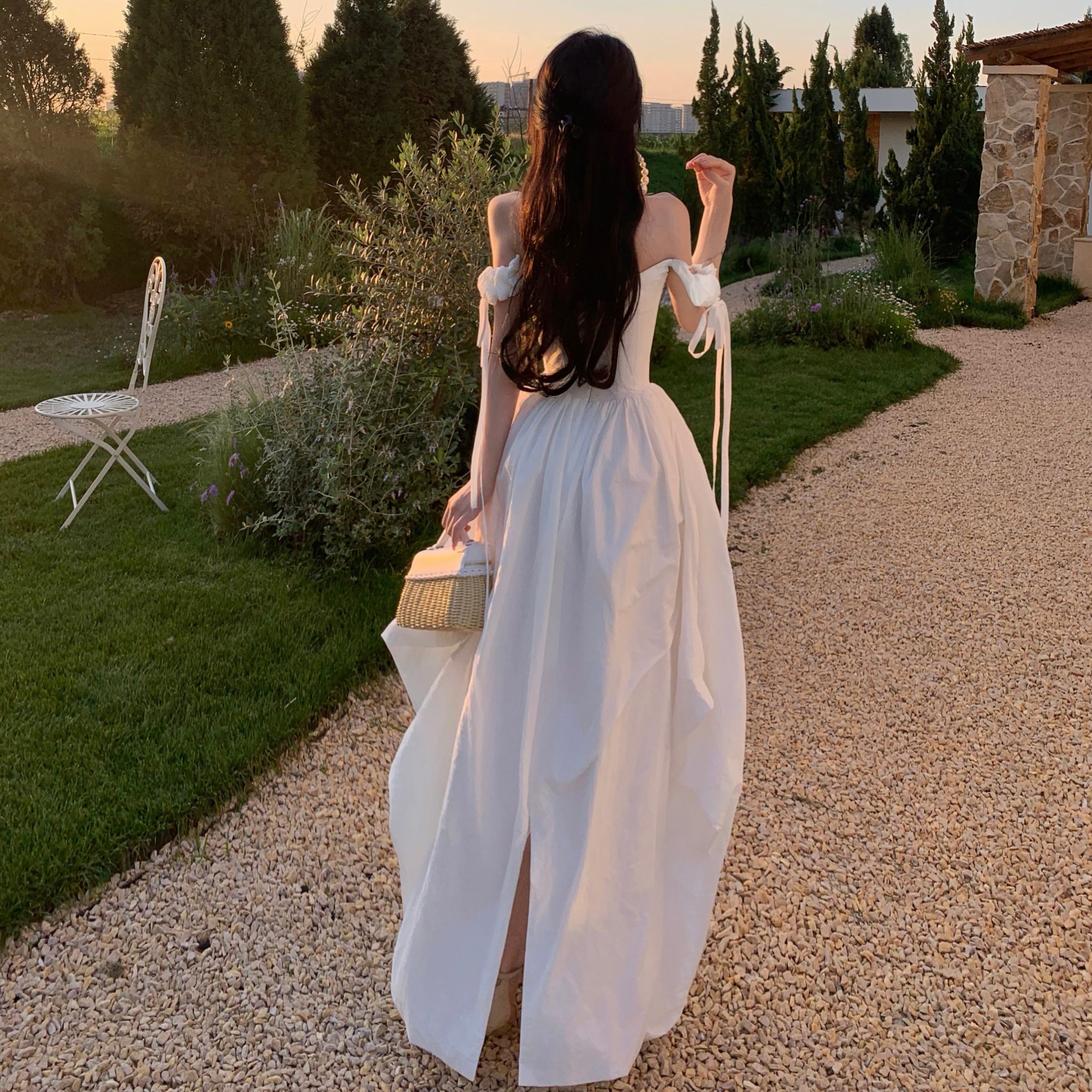 French Off-Shoulder Satin White Morning Robe Engagement Dress - Image 4