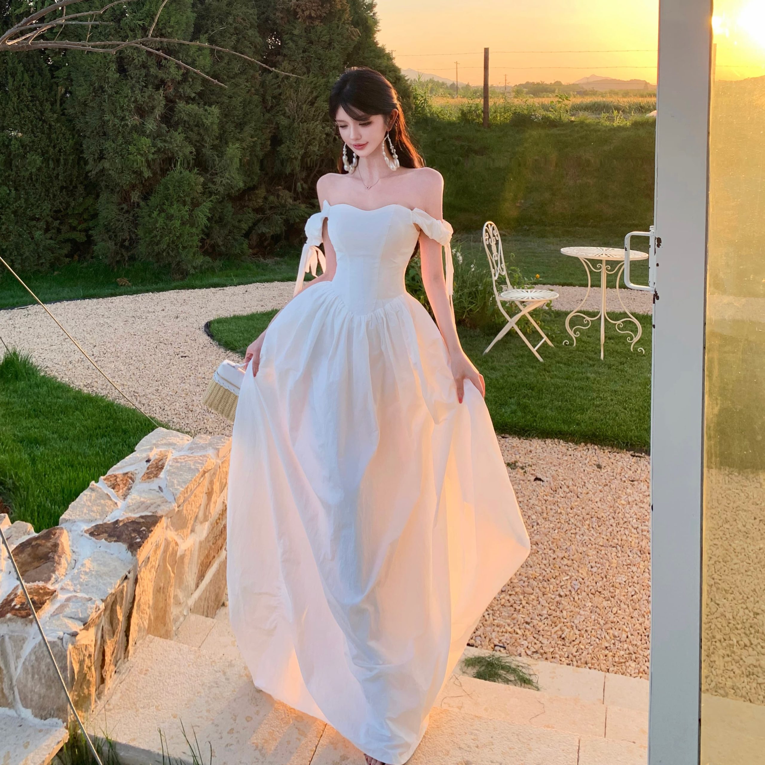French Off-Shoulder Satin White Morning Robe Engagement Dress