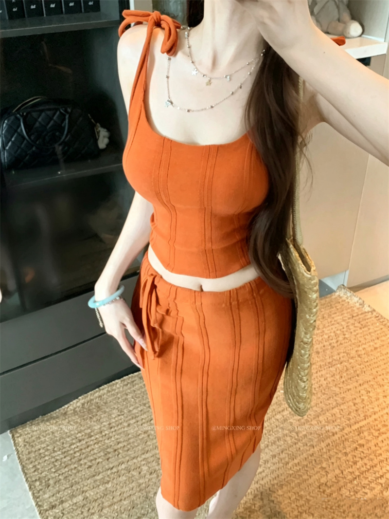 Women’s Sexy Ribbed Knit Cami Top and Skirt Two-Piece Set Summer