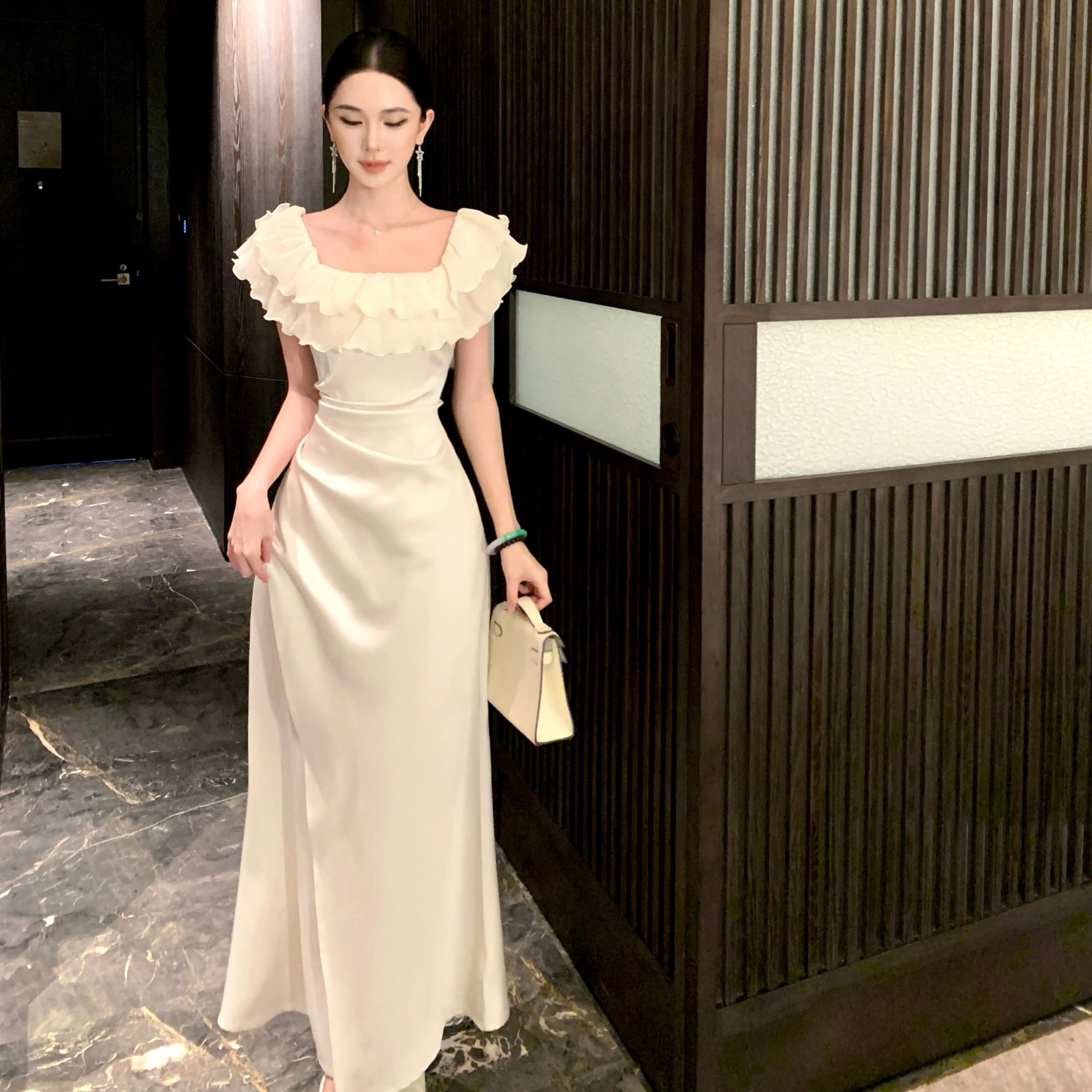 French Style Off-Shoulder Ruffle Dress with Cinched Waist and Bodycon Fit - Image 5