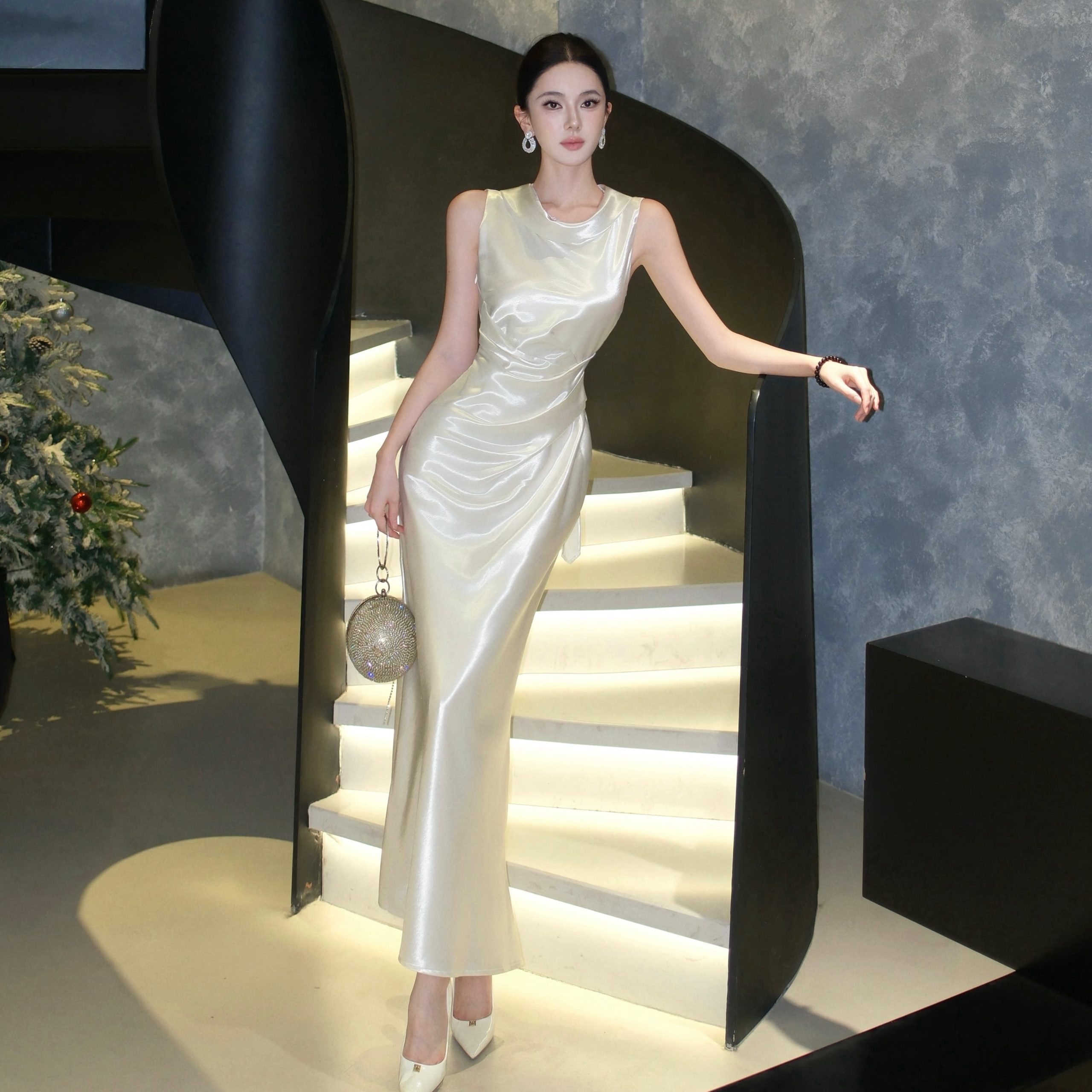 Elegant Satin Cowl Neck Open Back Dress with Ribbon and Mermaid Hem