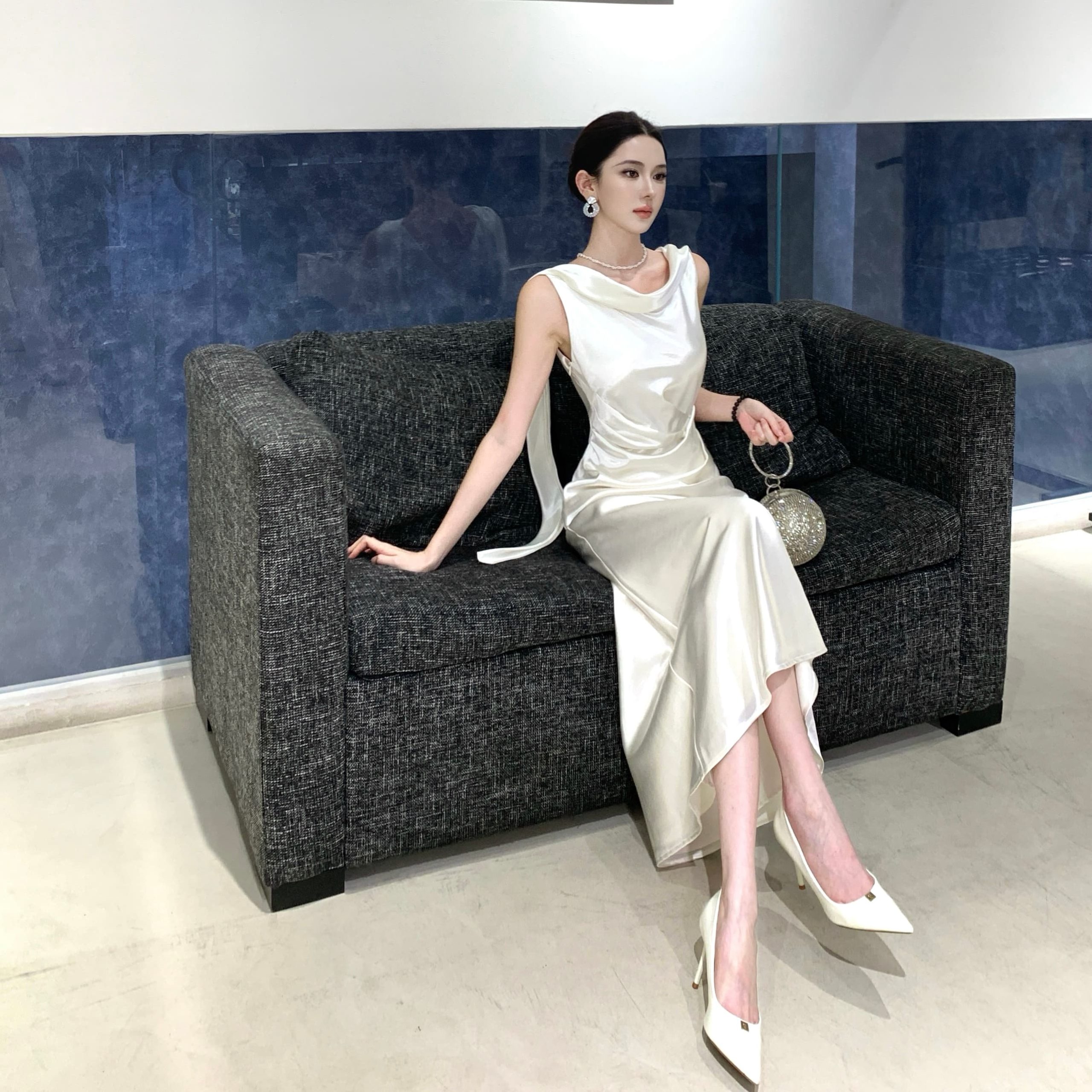 Elegant Satin Cowl Neck Open Back Dress with Ribbon and Mermaid Hem