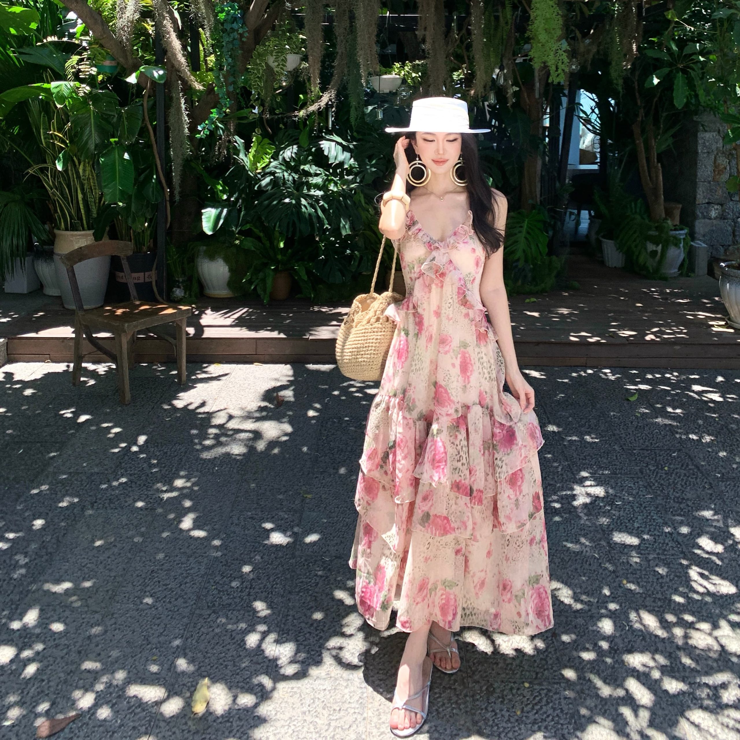 French Pink V-Neck Sleeveless Maxi Dress for Women Summer Vacation Slimming Cami Long Dress