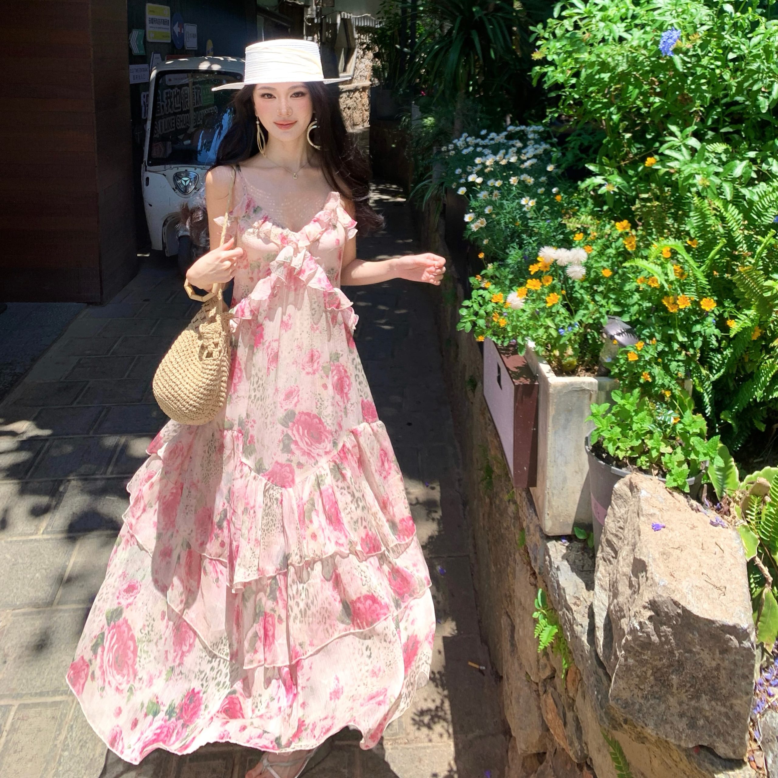 French Pink V-Neck Sleeveless Maxi Dress for Women Summer Vacation Slimming Cami Long Dress
