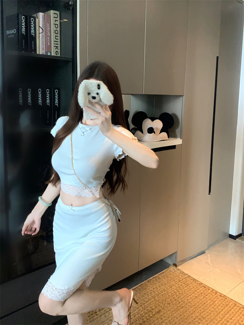 Lace Two-Piece Knit Top and Skirt Set Slim Fit