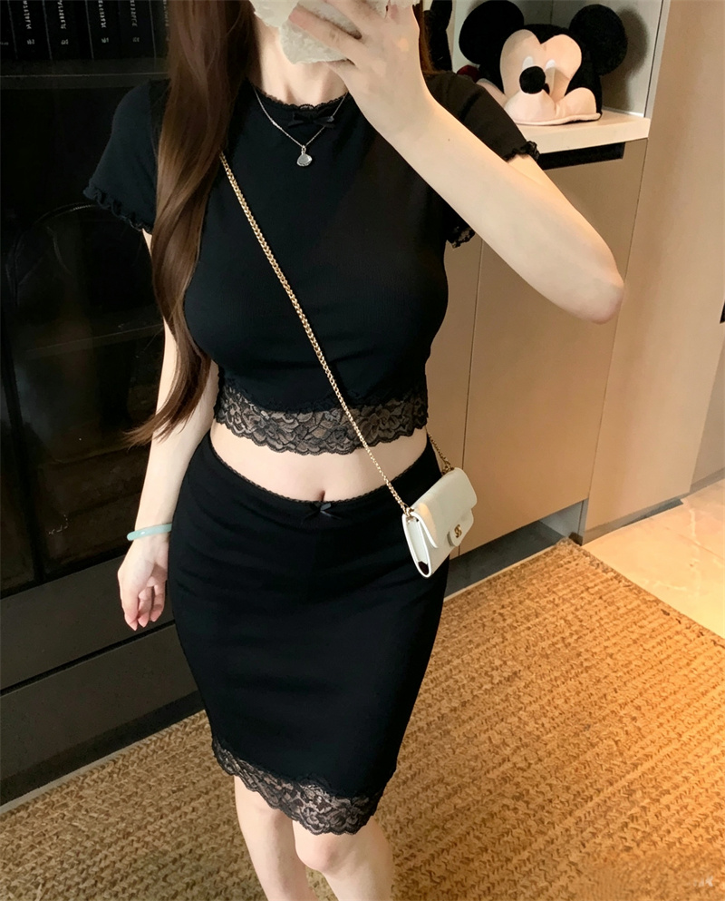 Lace Two-Piece Knit Top and Skirt Set Slim Fit