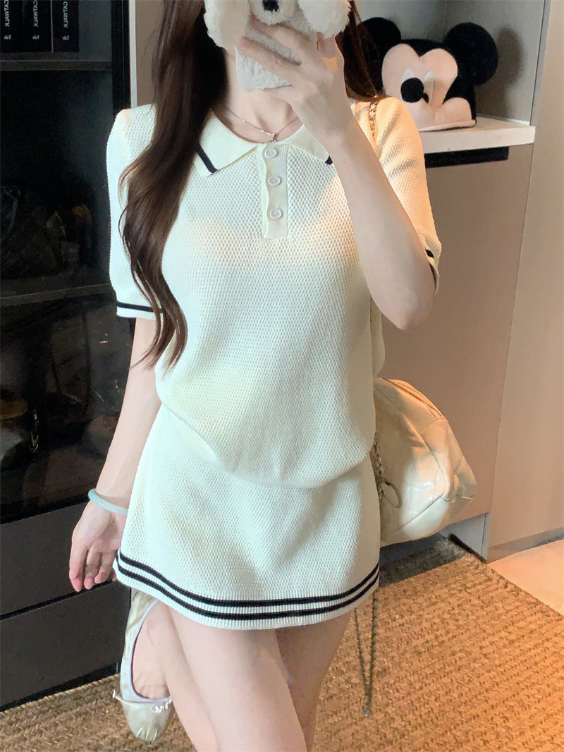 Women's Summer Knit Polo Collar Color Block Two-Piece Skirt Set - Image 3