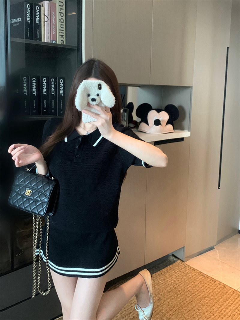 Women's Summer Knit Polo Collar Color Block Two-Piece Skirt Set - Image 4