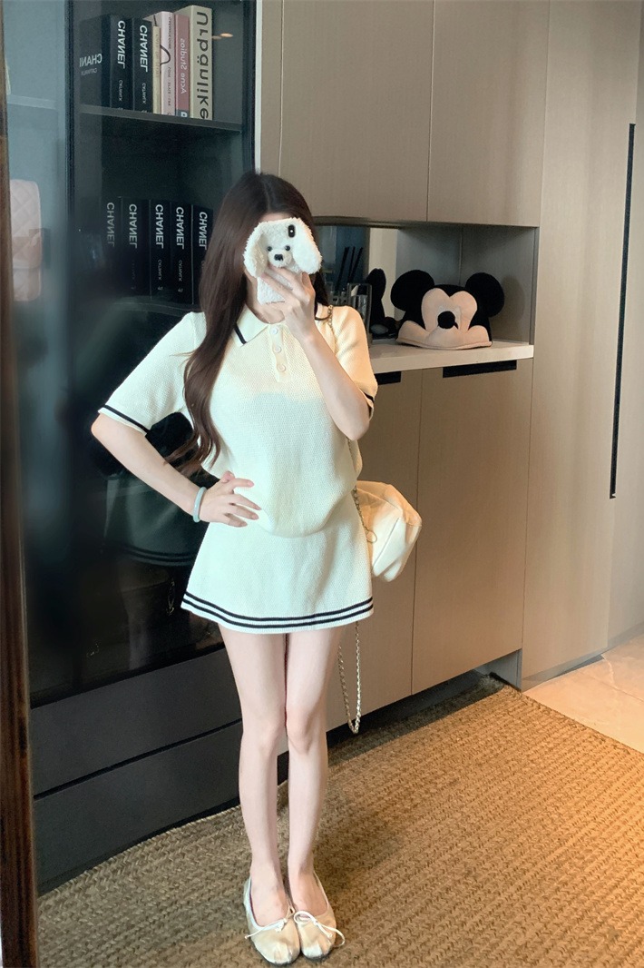 Women's Summer Knit Polo Collar Color Block Two-Piece Skirt Set - Image 5