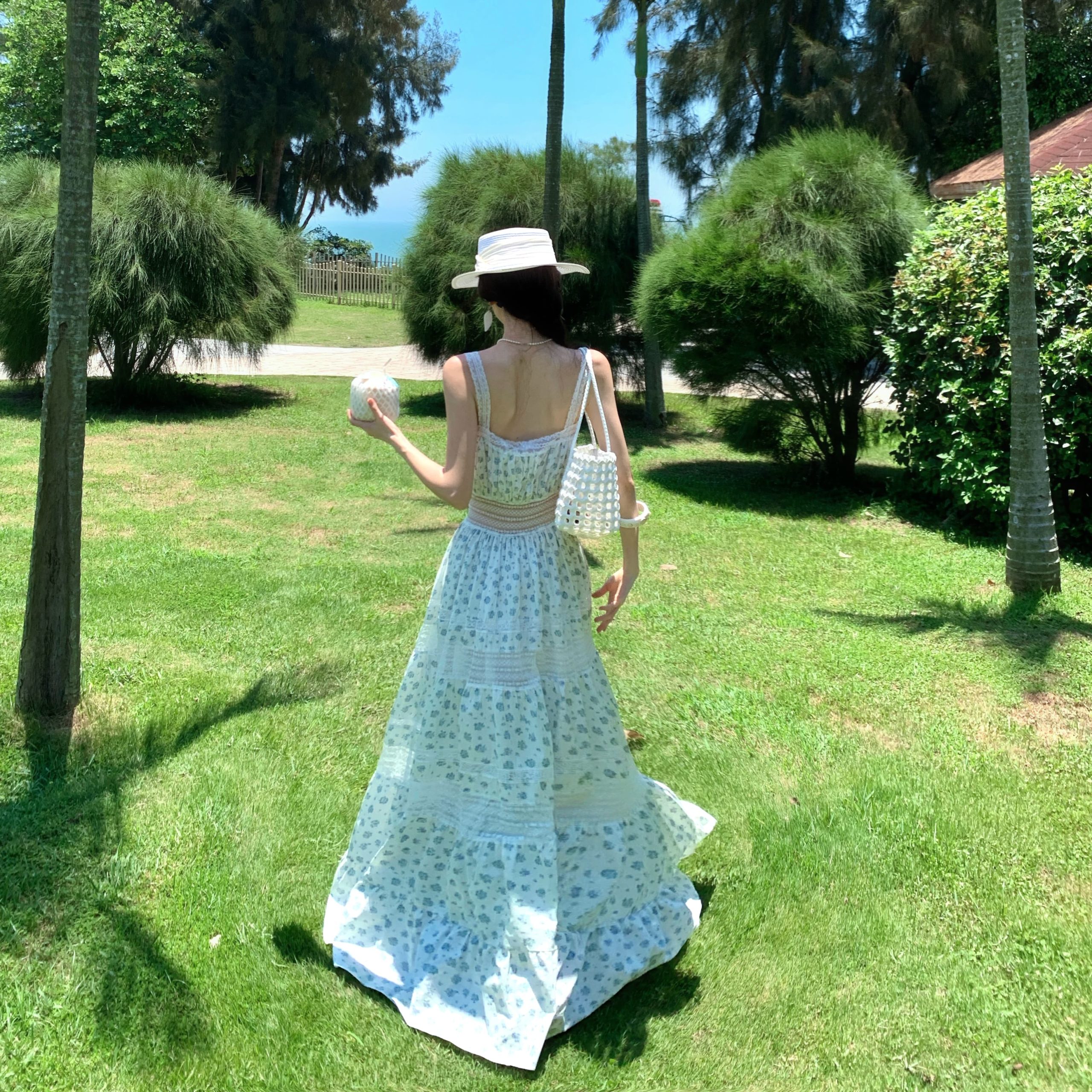 Women’s Summer Lace Spliced Square Neck Cami Dress Hollow Out A-Line Long Dress