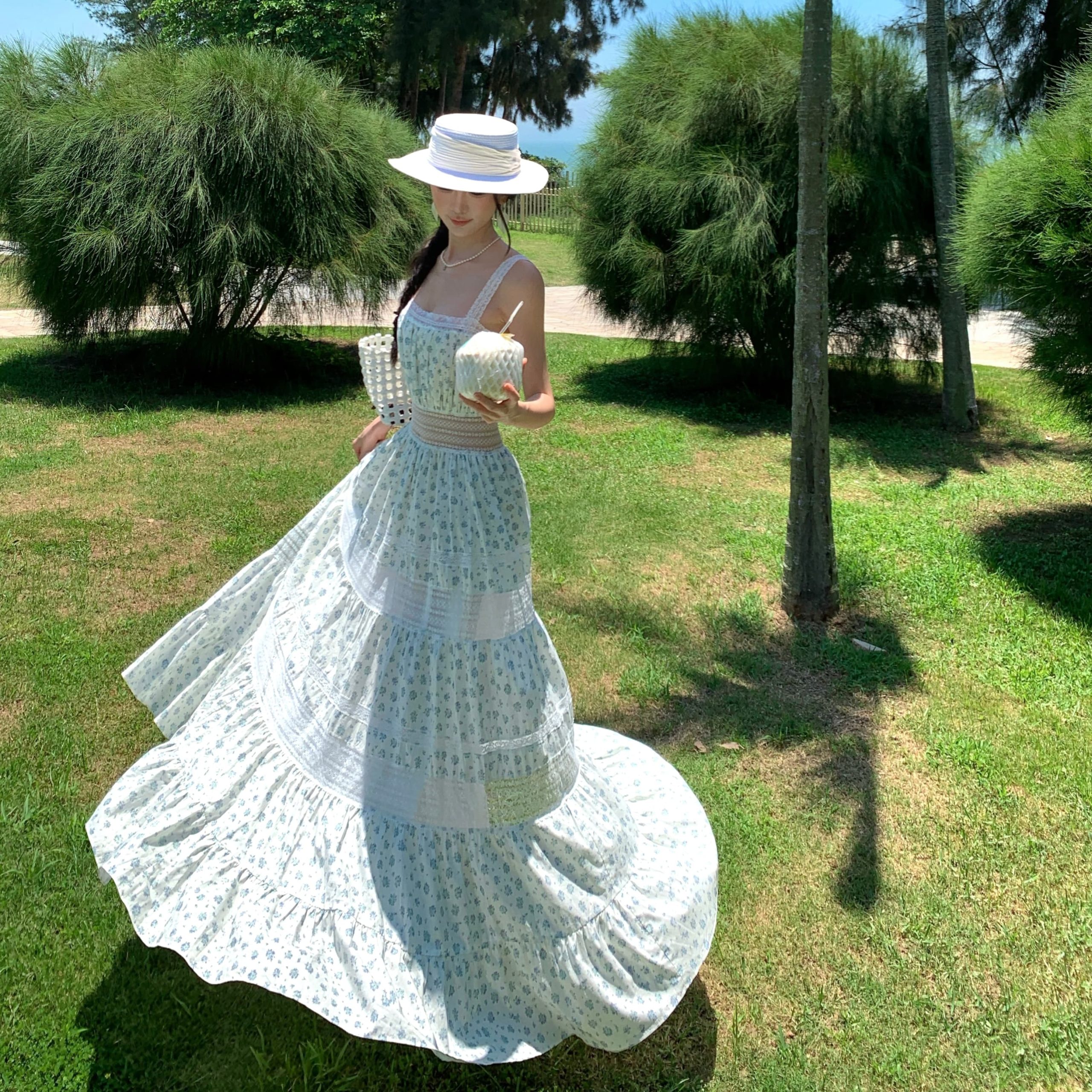 Women’s Summer Lace Spliced Square Neck Cami Dress Hollow Out A-Line Long Dress
