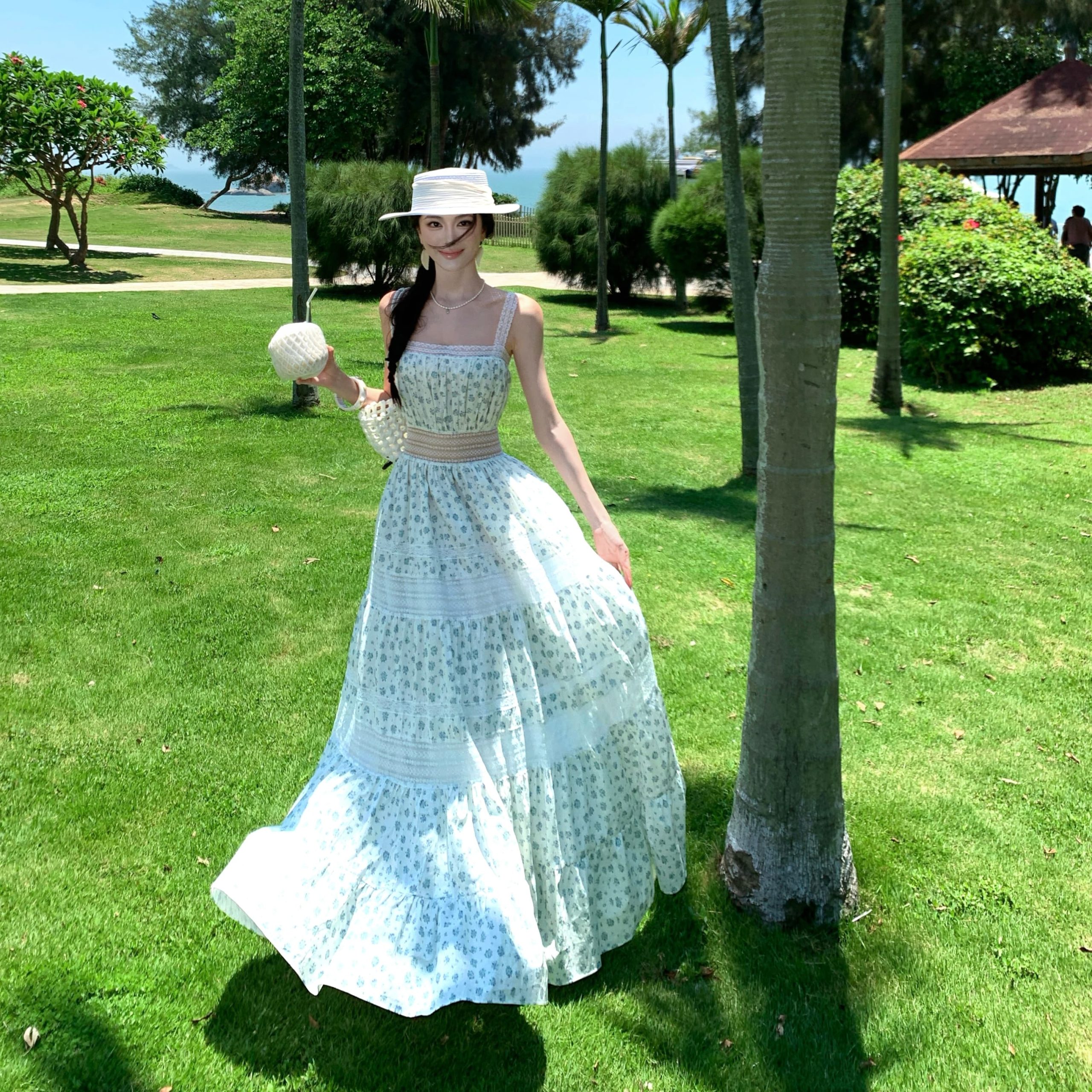 Women's Summer Lace Spliced Square Neck Cami Dress Hollow Out A-Line Long Dress - Image 4