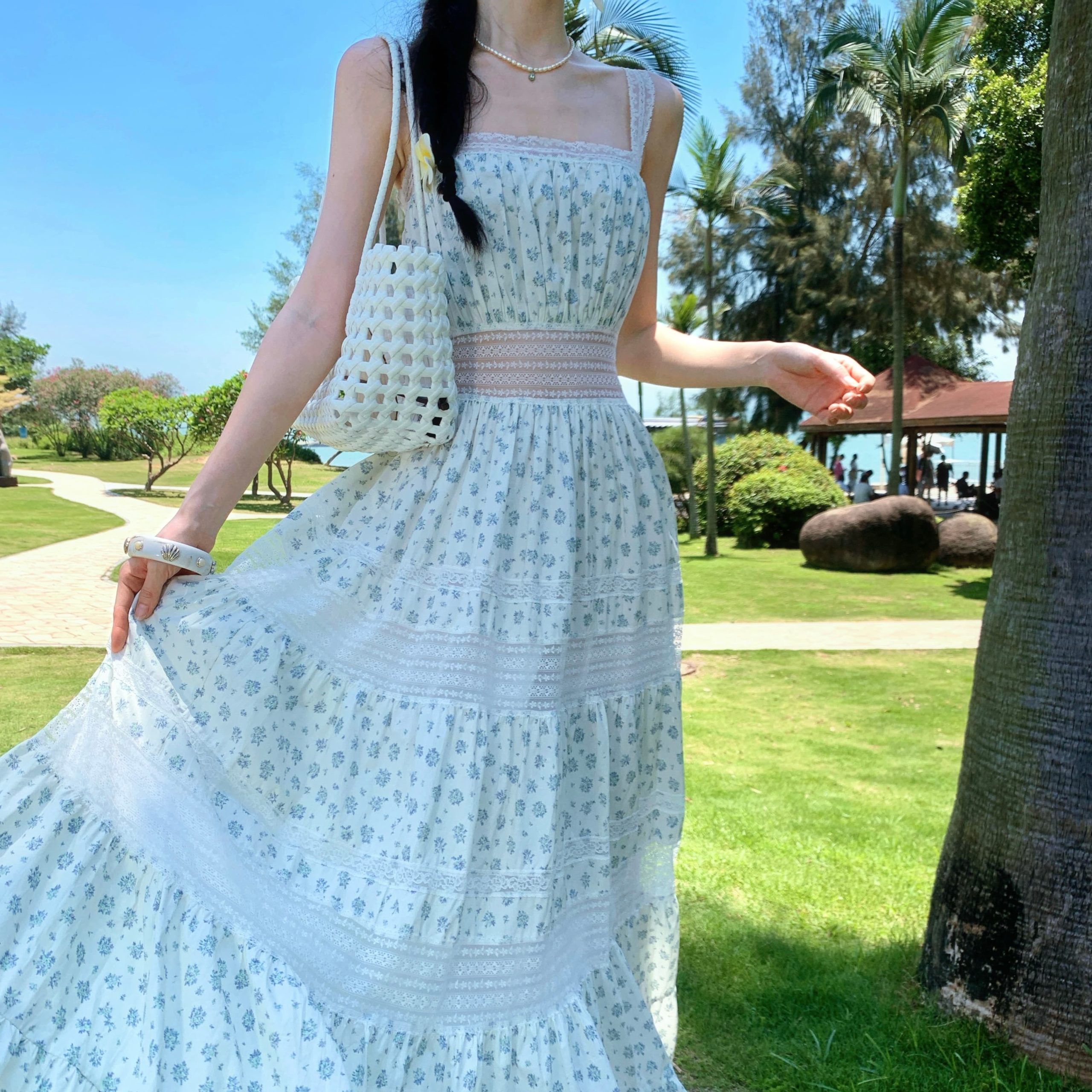 Women's Summer Lace Spliced Square Neck Cami Dress Hollow Out A-Line Long Dress - Image 3