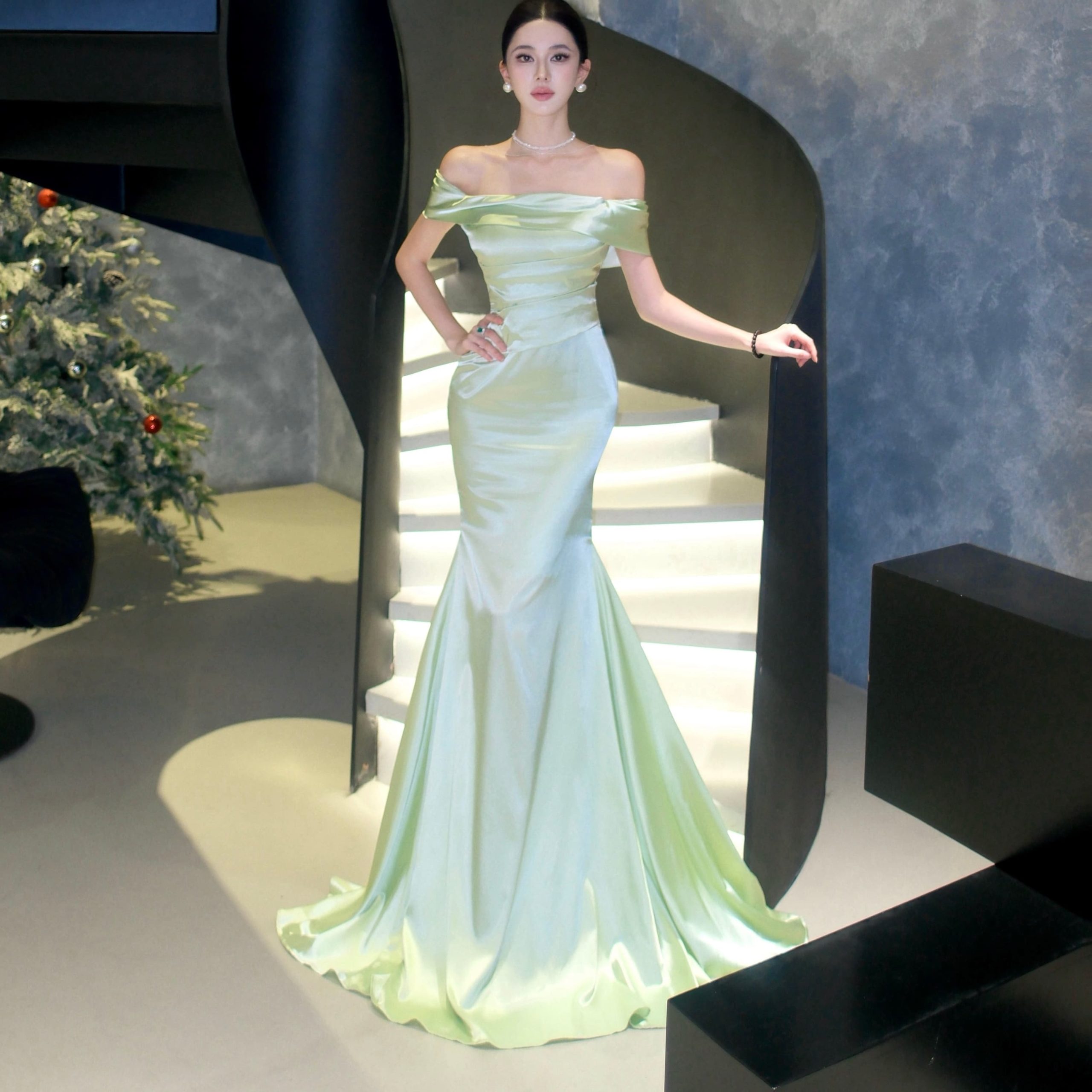 Green New Chinese Style Morning Robe Dress for Women Bridal Engagement Party