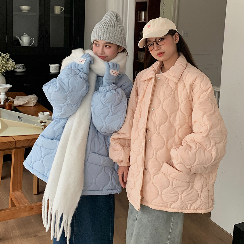 Women’s Colorful Diamond Quilted Cotton Padded Jacket Retro Korean Style Loose Fit Fleece Lined Coat