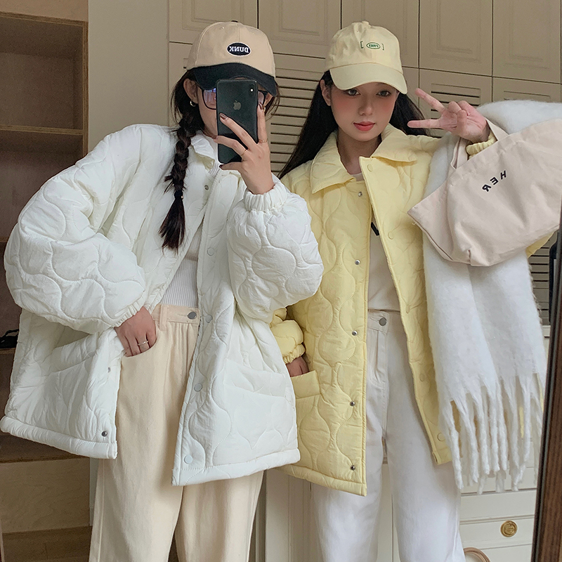 Women’s Colorful Diamond Quilted Cotton Padded Jacket Retro Korean Style Loose Fit Fleece Lined Coat