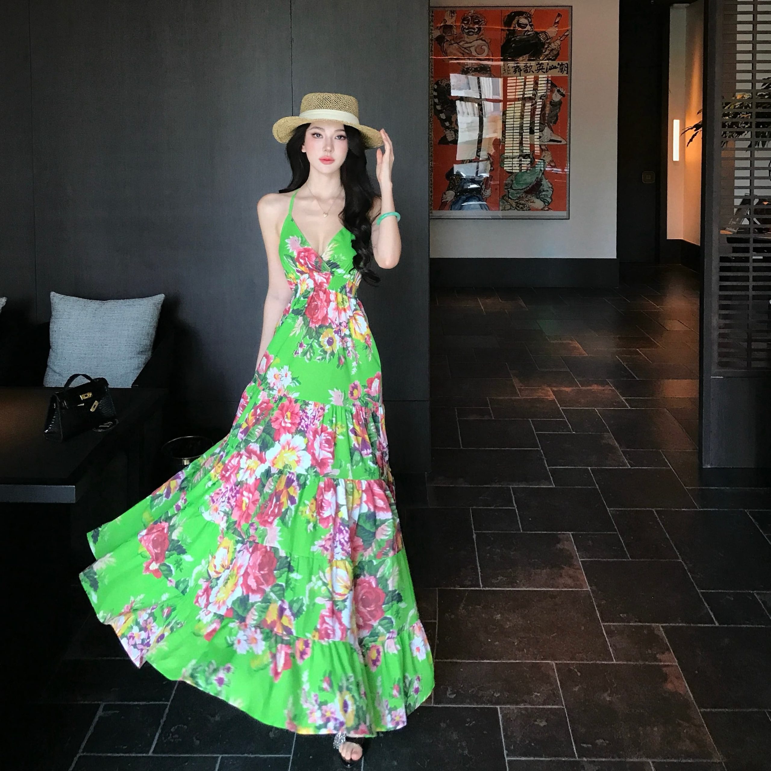 Women's Halter Neck Dress Vintage Print Backless Long Maxi Dress for Party Beach Vacation