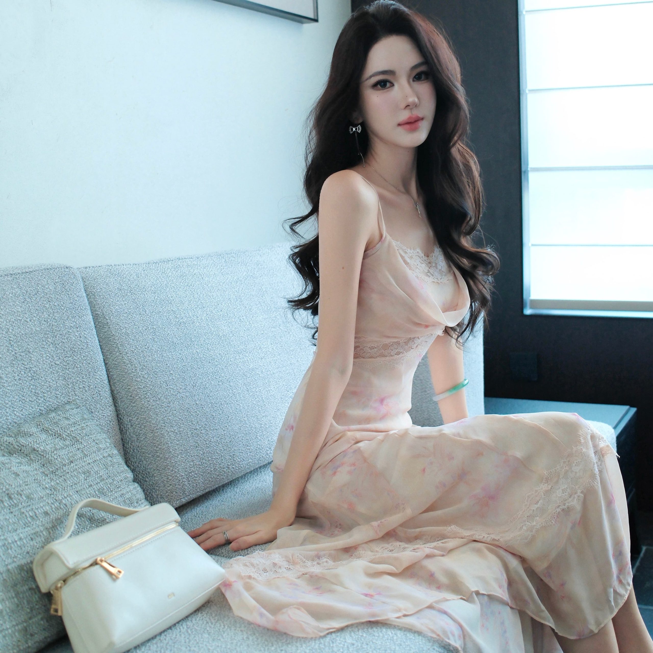 JAYKY YANG Flora French Cowl Neck Lace Patchwork Printed Long Cami Dress