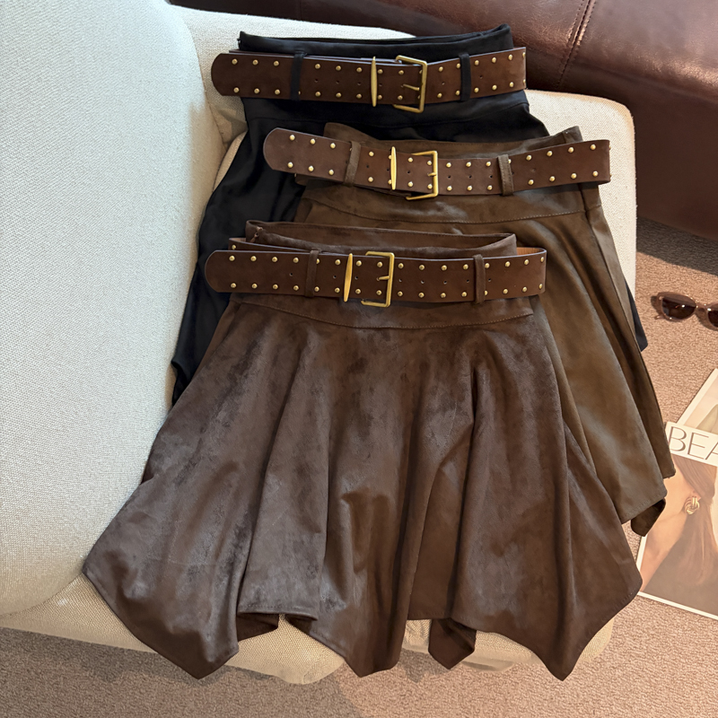 2026 Autumn Winter American Retro Asymmetric A-Line Faux Leather Midi Skirt for Women High Waist with Belt