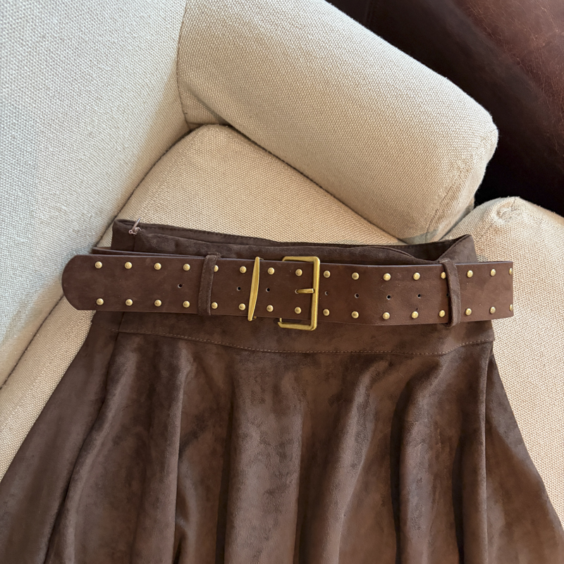 2026 Autumn Winter American Retro Asymmetric A-Line Faux Leather Midi Skirt for Women High Waist with Belt