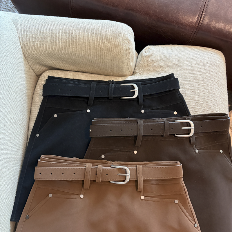 2026 Autumn Winter Korean Style Commuter PU Leather Skirt Women High Waist Solid Color Short A-Line Bodycon Skirt with Belt