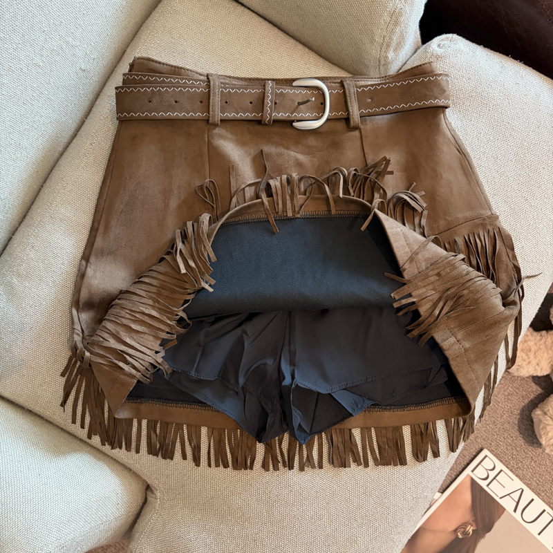 2026 Autumn Winter Fringe Faux Suede A-Line Mini Skirt for Women with Belt