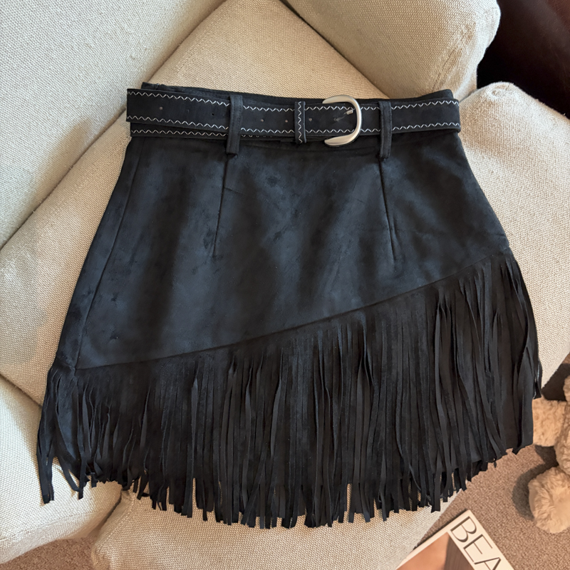 2026 Autumn Winter Fringe Faux Suede A-Line Mini Skirt for Women with Belt - Image 4
