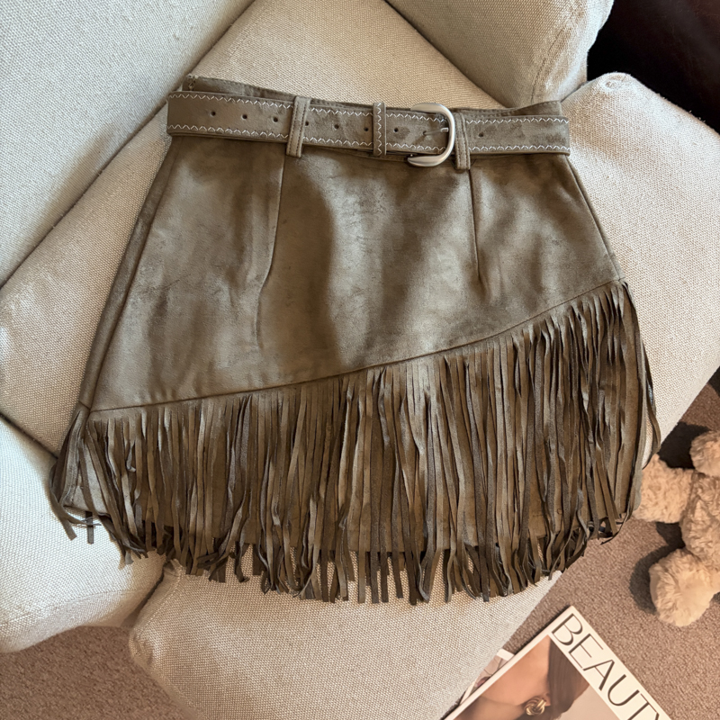 2026 Autumn Winter Fringe Faux Suede A-Line Mini Skirt for Women with Belt - Image 5
