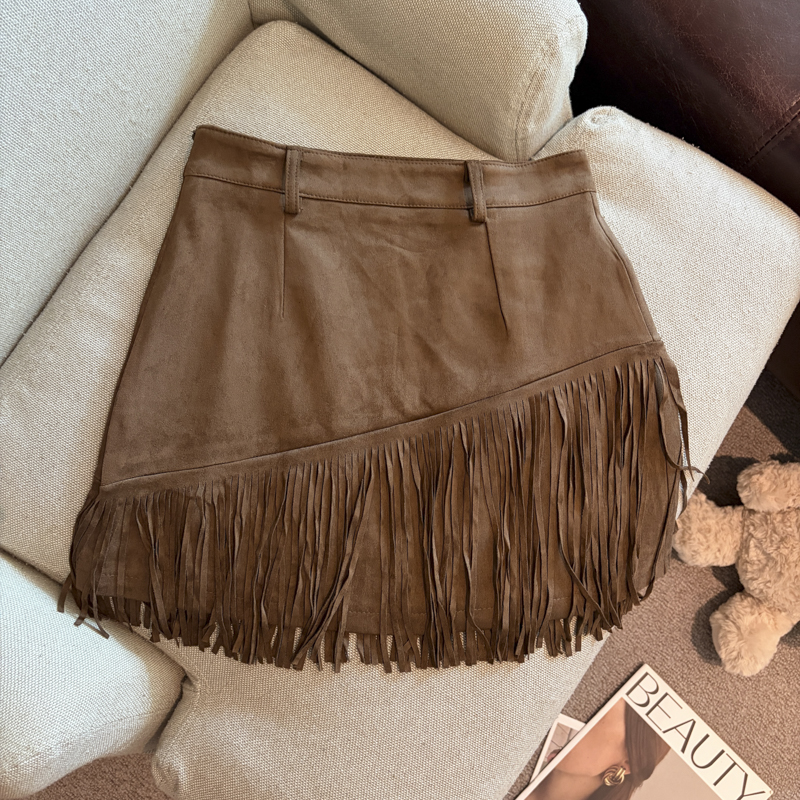 2026 Autumn Winter Fringe Faux Suede A-Line Mini Skirt for Women with Belt - Image 3