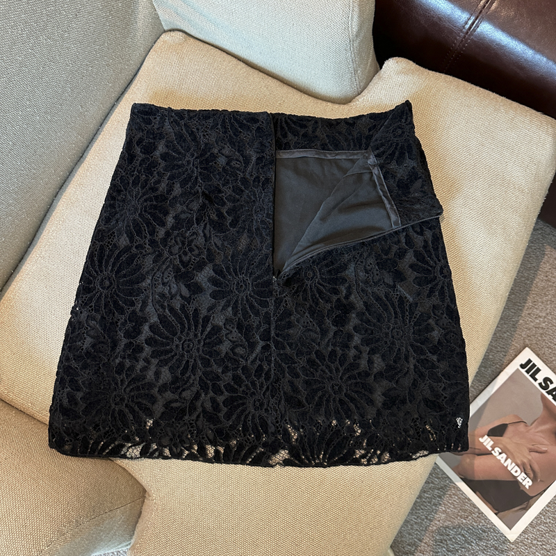 2026 Autumn Winter Flocked Lace Mini Skirt High Waist Slim Fit Bodycon Korean Style - Image 5