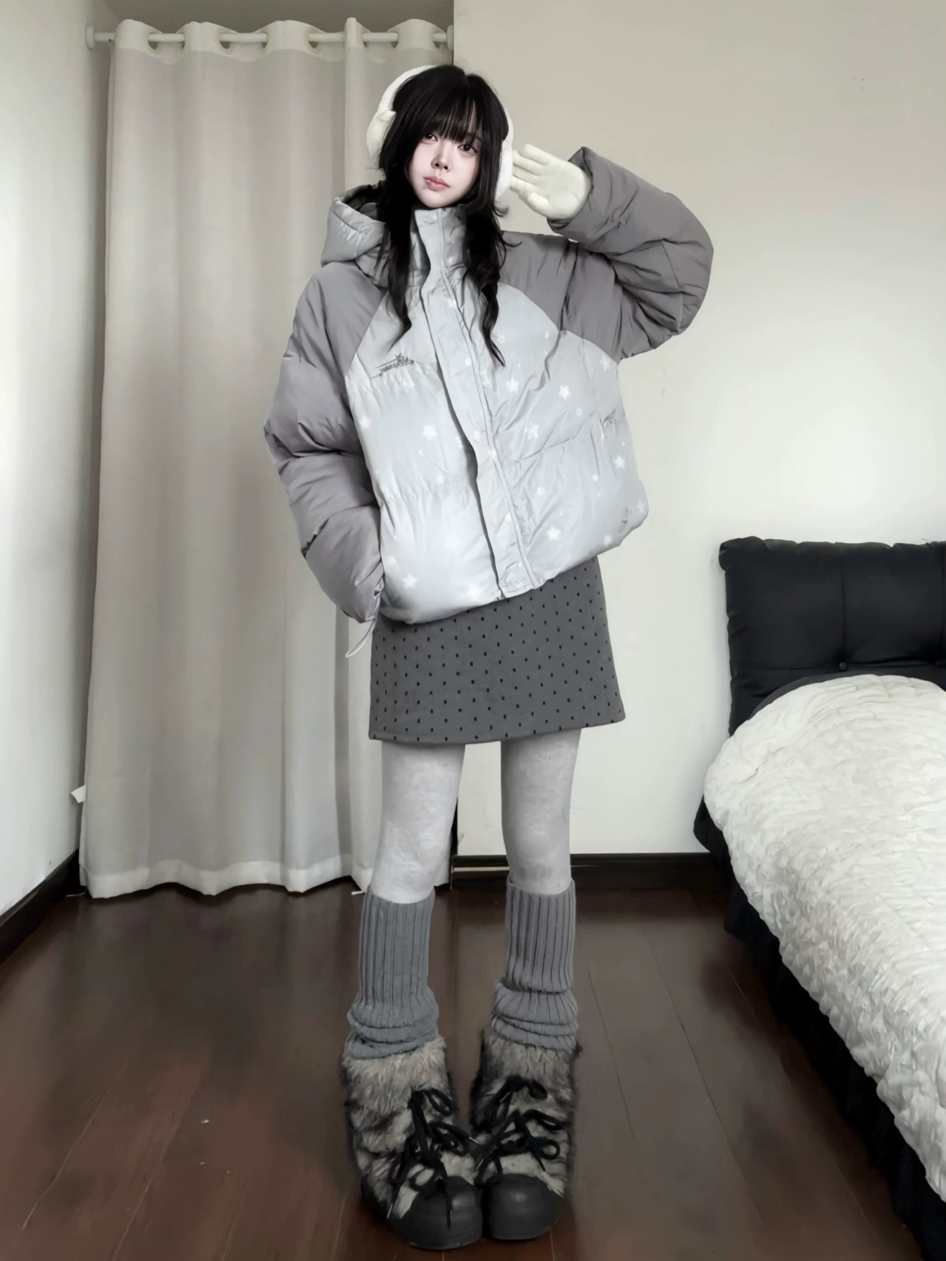 American Stand Collar Star Cropped Padded Jacket Raglan Sleeve Women Winter Loose Thick Warm Bread Jacket