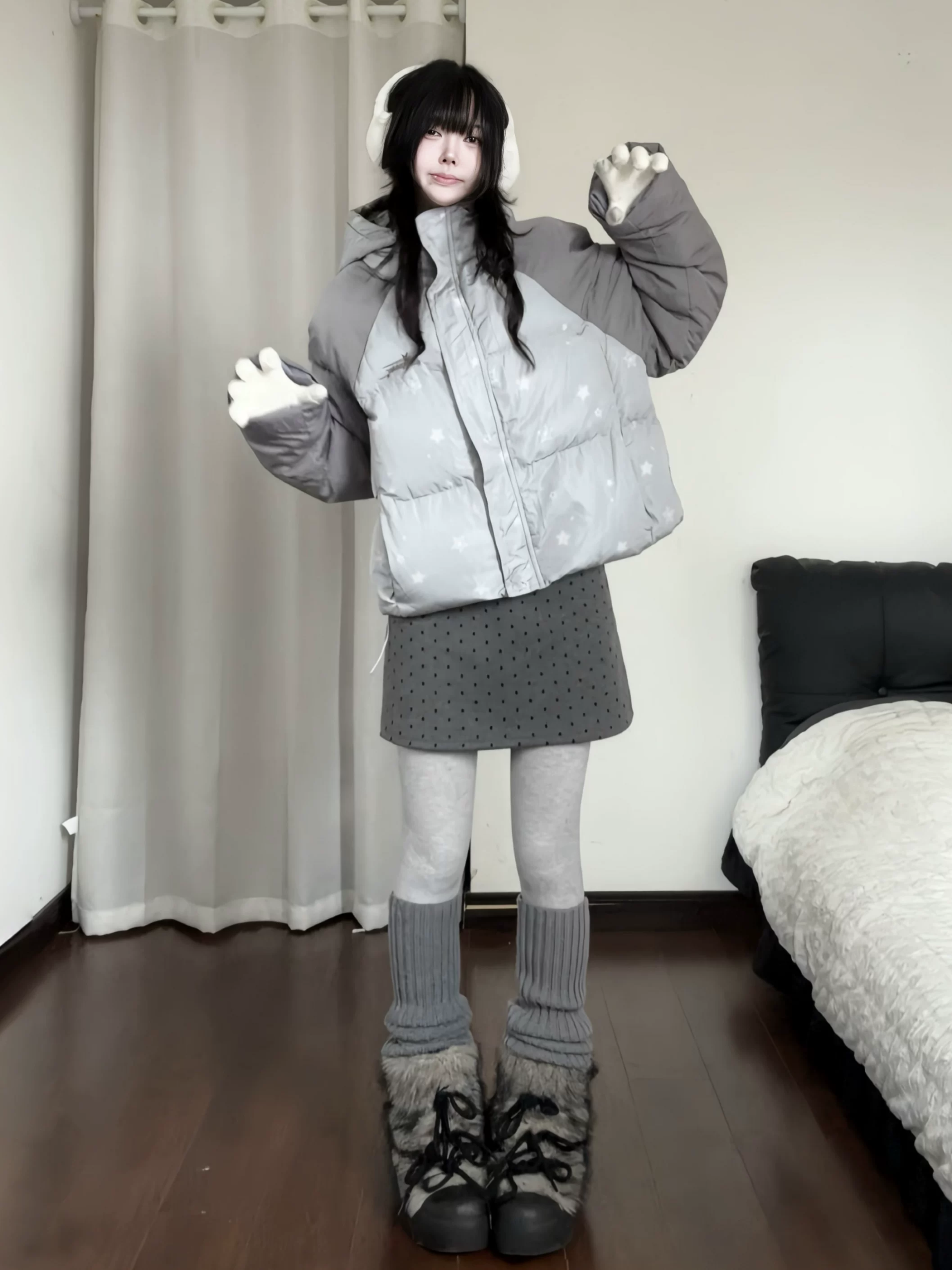 American Stand Collar Star Cropped Padded Jacket Raglan Sleeve Women Winter Loose Thick Warm Bread Jacket - Image 4