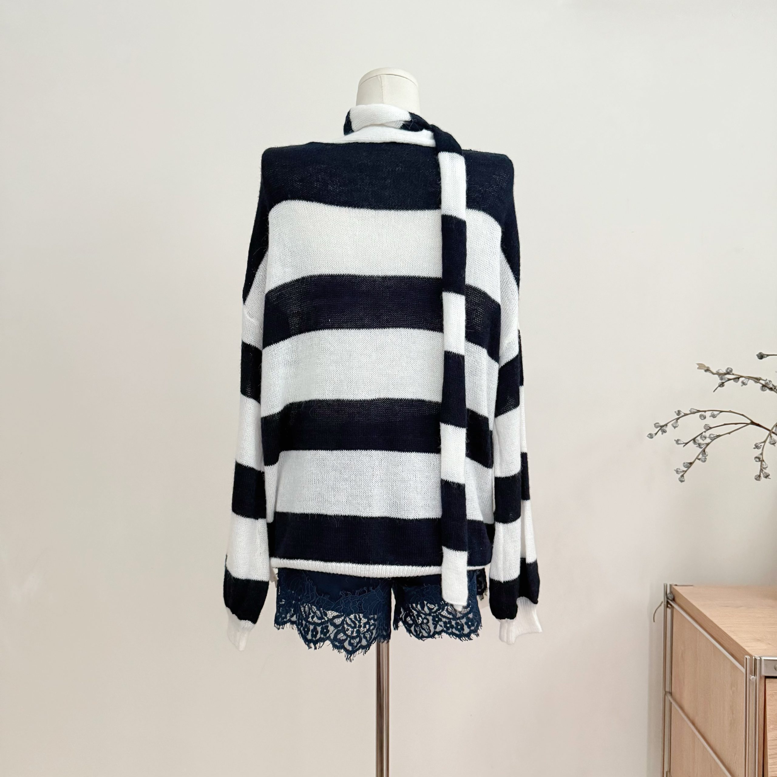 Women’s Color Block Striped V-Neck Knit Cardigan with Ribbon Loose Casual Soft Outerwear Top