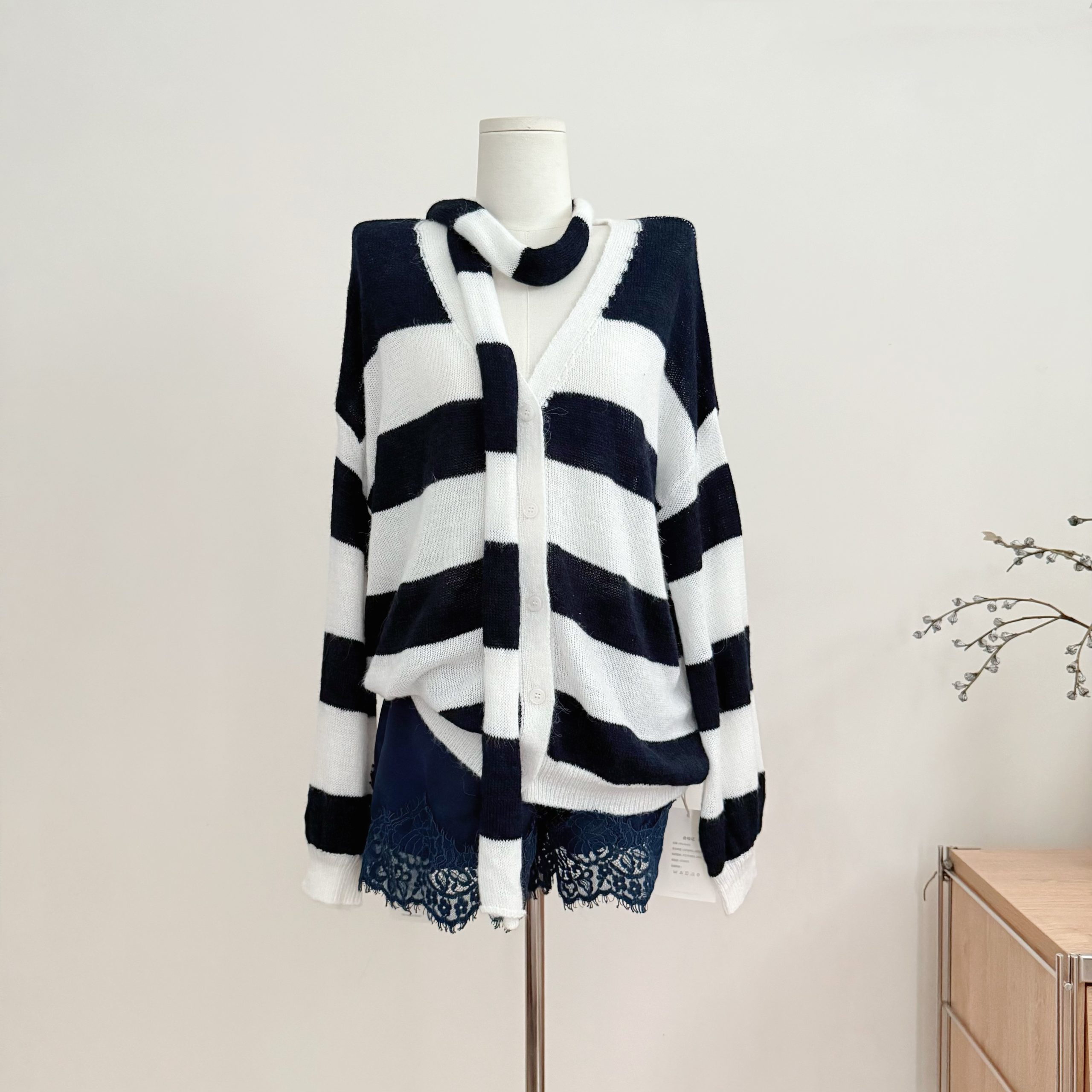 Women’s Color Block Striped V-Neck Knit Cardigan with Ribbon Loose Casual Soft Outerwear Top