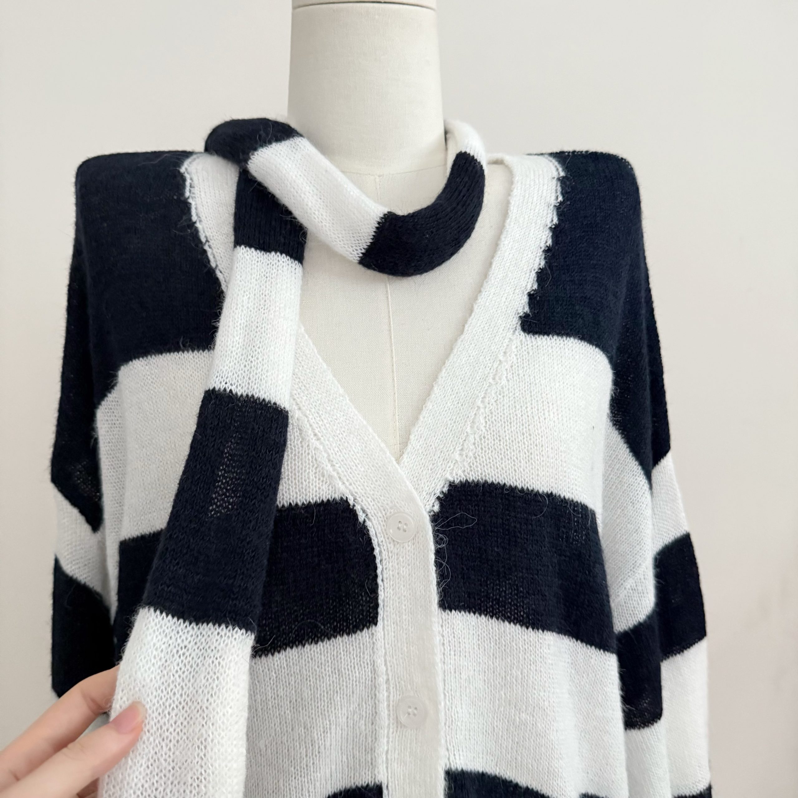 Women's Color Block Striped V-Neck Knit Cardigan with Ribbon Loose Casual Soft Outerwear Top - Image 3