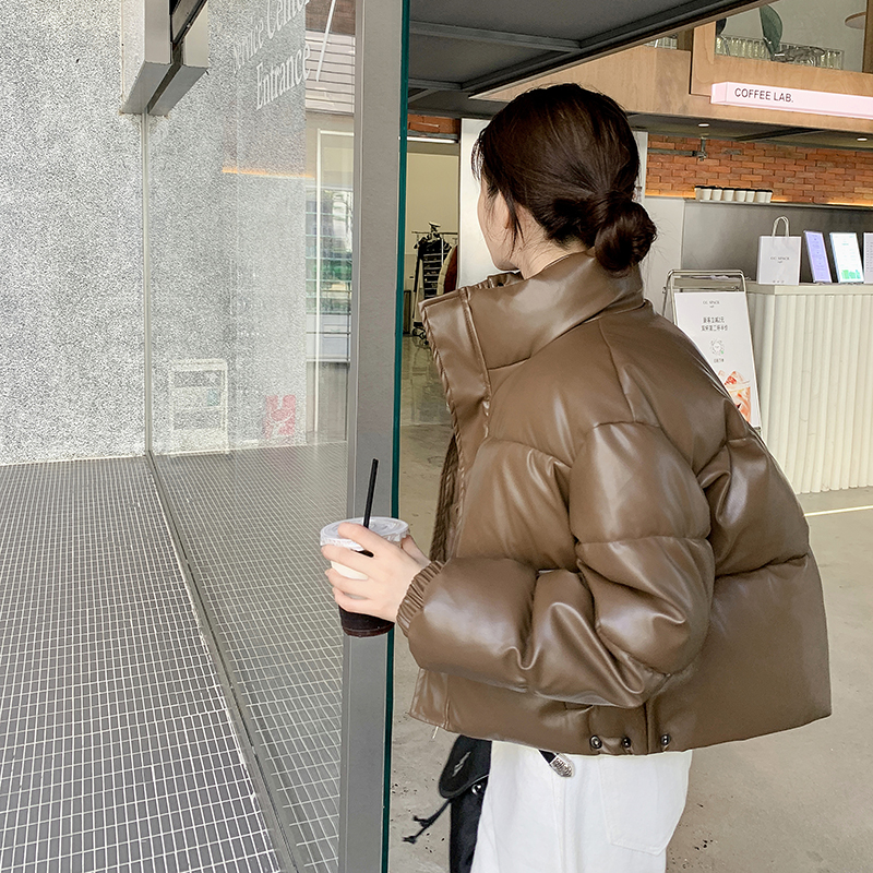 Women’s Short Puffer Jacket 2026 Winter Loose Slimming Thick PU Leather Bread Coat Cotton Outerwear