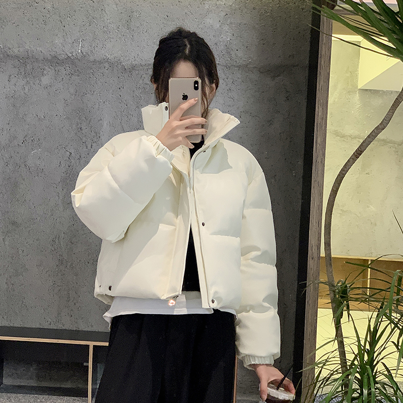 Women’s Short Puffer Jacket 2026 Winter Loose Slimming Thick PU Leather Bread Coat Cotton Outerwear