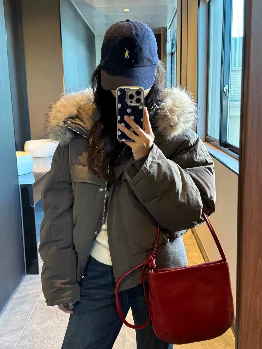 2026 CEEYOU Women's Hooded Puffer Cotton Coat with Fur Trim Seagull Gray Loose Winter Warm Outerwear