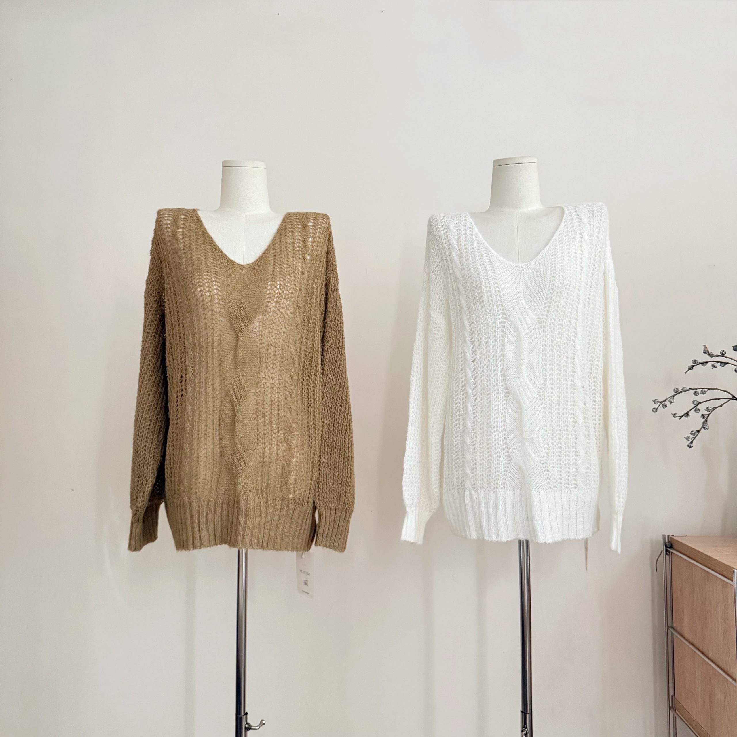 Women’s French V-Neck Cable Knit Sweater Lightweight Loose Hollow-Out Knit Top