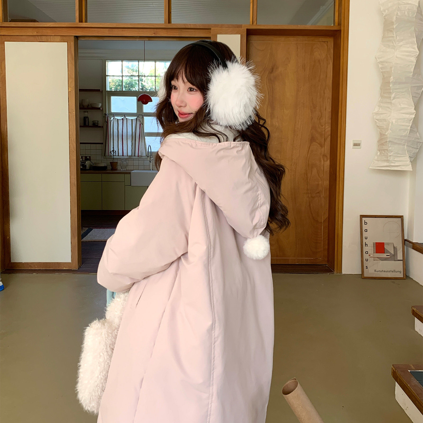MUCHA Cream Bunny Long Cotton Padded Jacket for Women Winter Warm Thick Loose Coat
